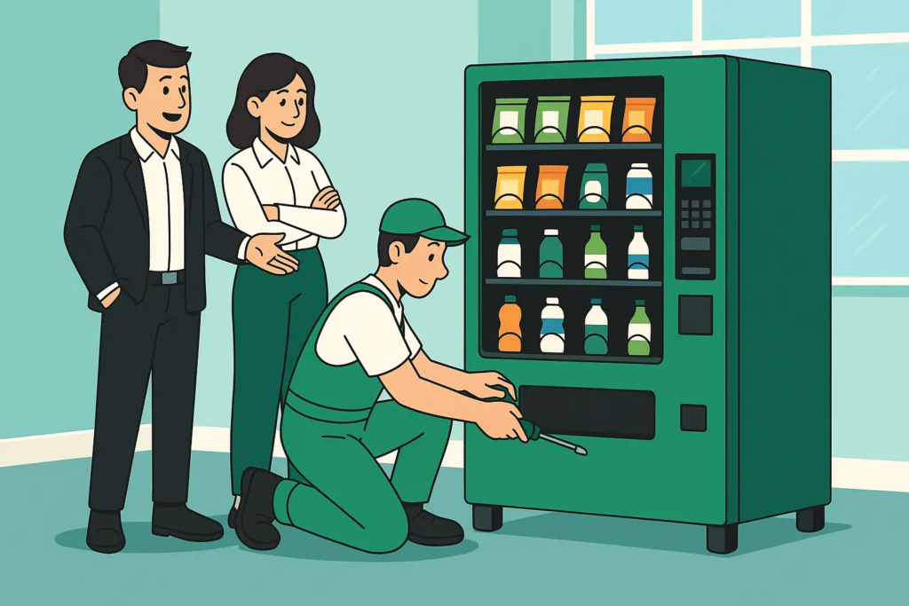 טכנאי עם לקוחות שרוצים לקנות מכונת שתייה