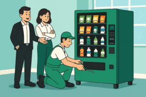 טכנאי עם לקוחות שרוצים לקנות מכונת שתייה